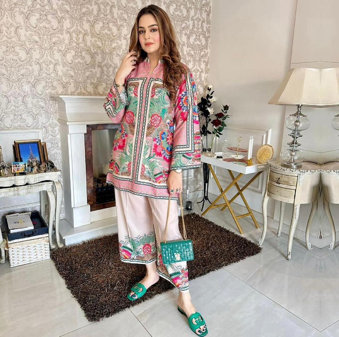 2 Pcs Women'a Printed Shamoz Silk Stitched Shirt & Trouser Set