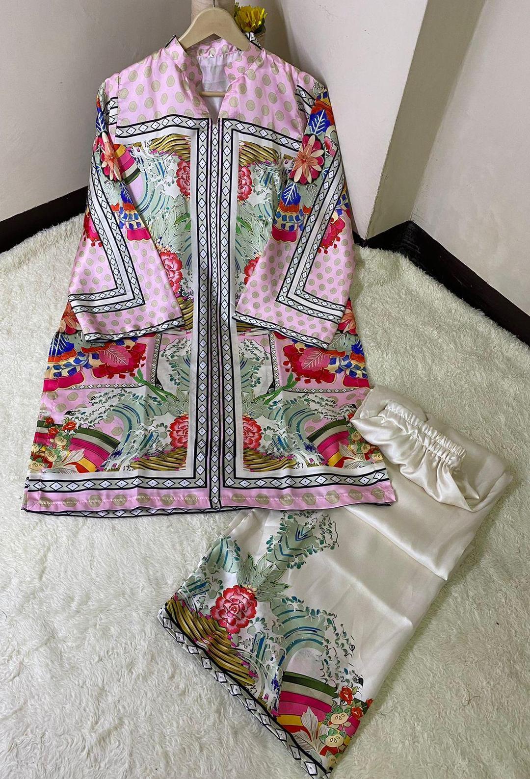 2 Pcs Women'a Printed Shamoz Silk Stitched Shirt & Trouser Set