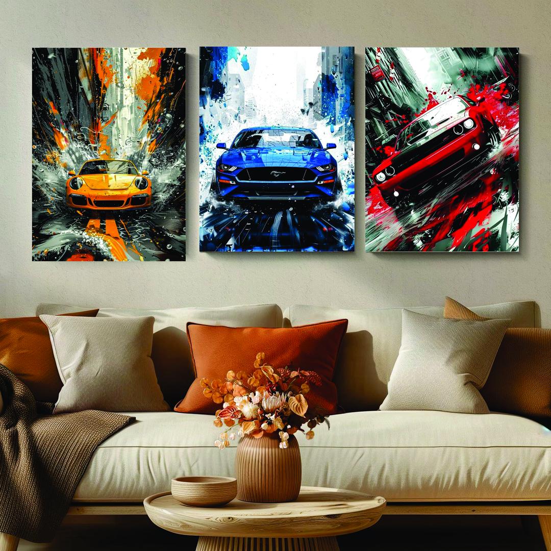 Colourful car design wall art set of 3 pcs