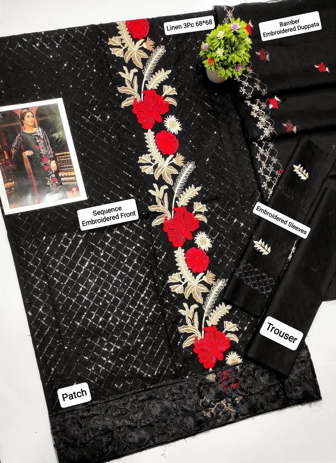 3 Ps Women's Unstitched Linen Sequins Embroidered Suit