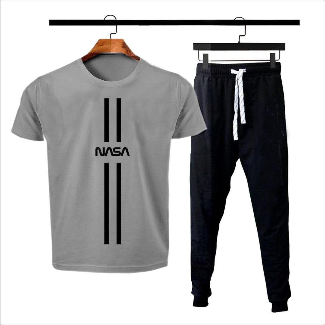 Men's Cotton Jersey Printed Track Suit - 2 Pcs Grey and Black Color Set