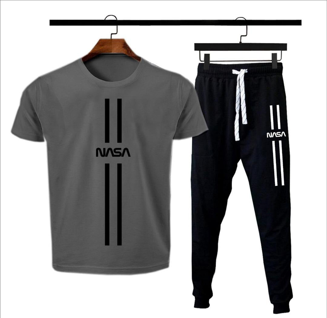 Men's Cotton Jersey Printed Track Suit - 2 Pcs Grey and Black Color Set