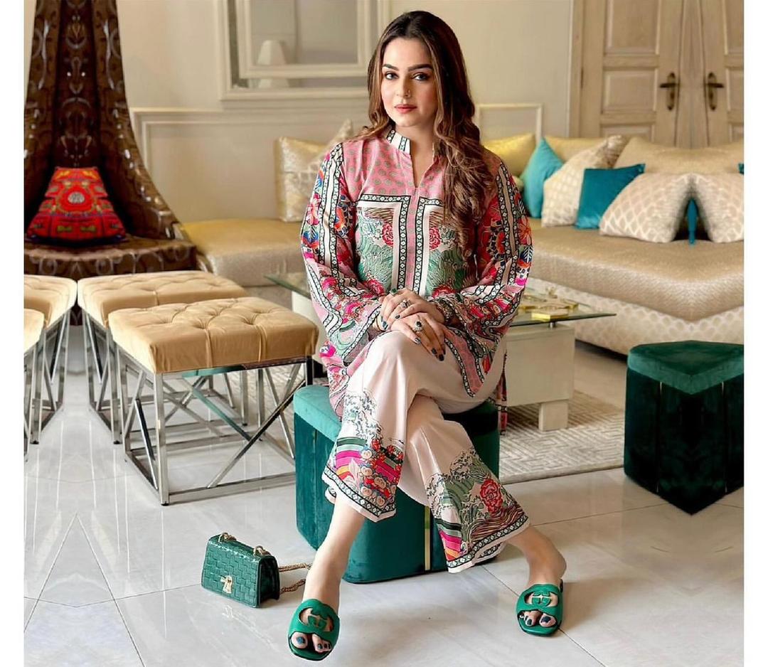 2 Pcs Women'a Printed Shamoz Silk Stitched Shirt & Trouser Set