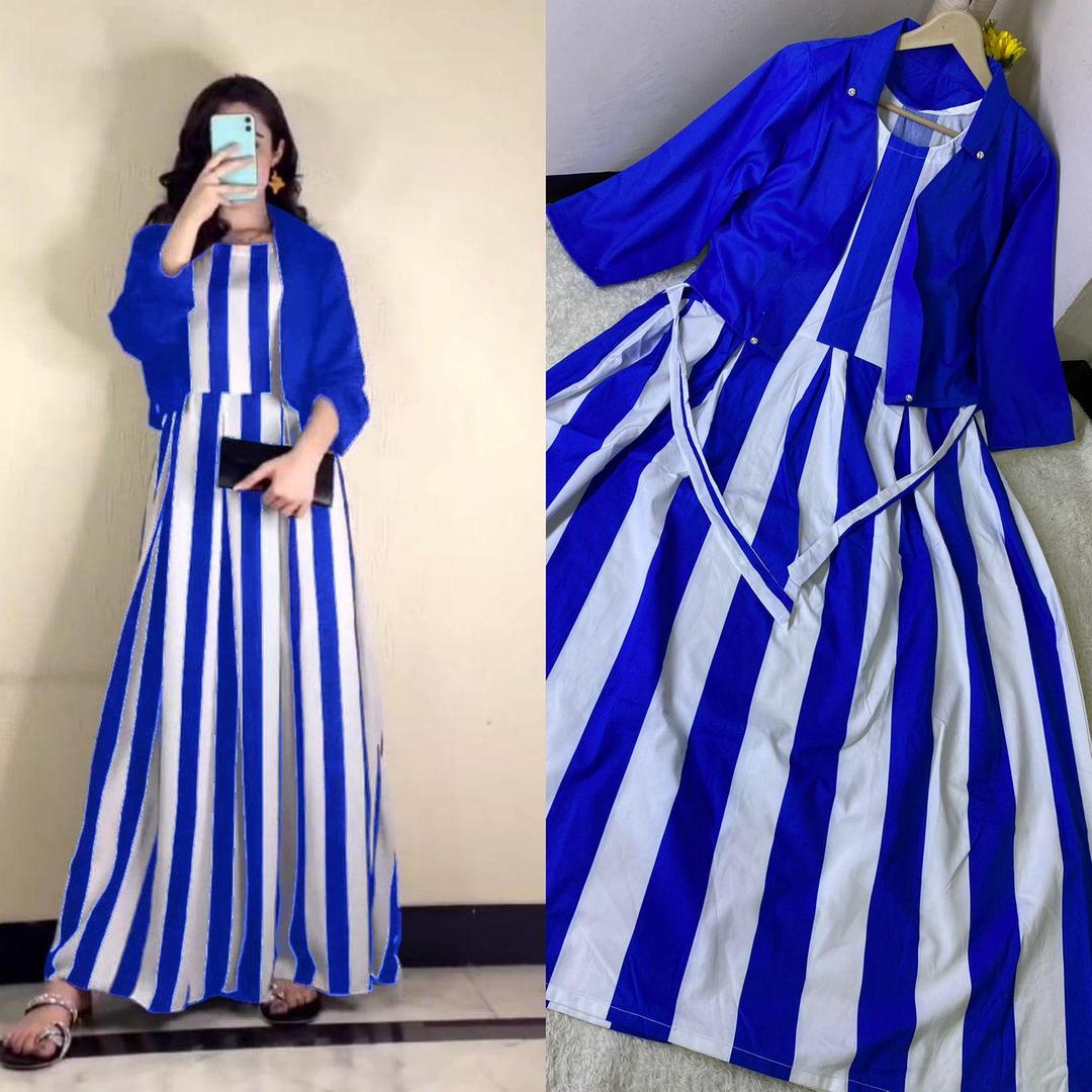 Stylish Blue and White Striped Maxi Suit with Jacket 2 Pcs Women's Stitched Set