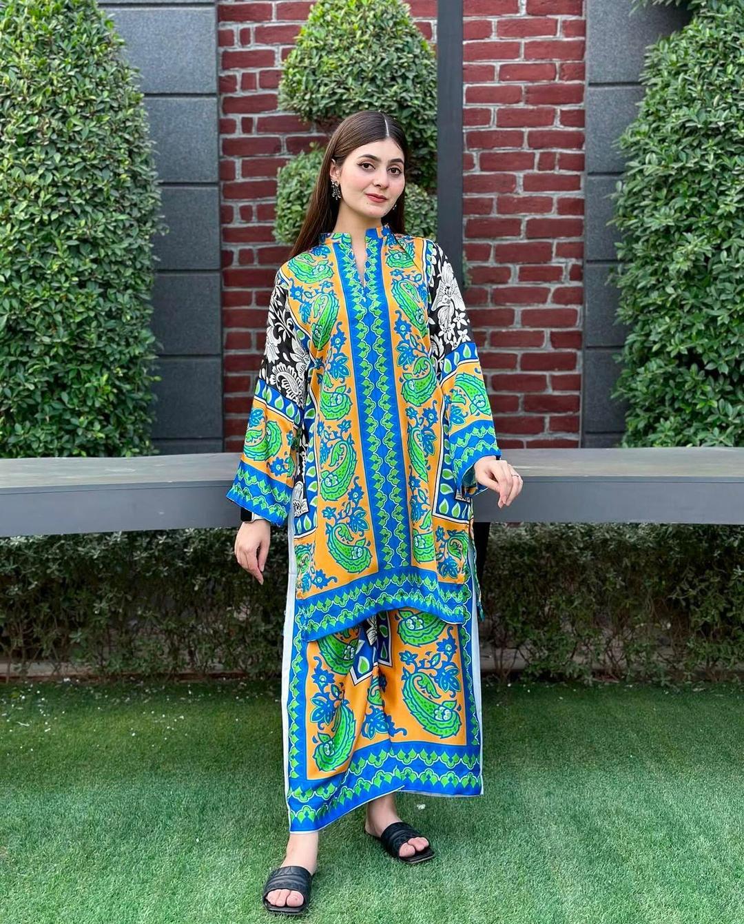 2 Pcs Women's Stylish Stitched Printed Design Shirt and Trouser Set