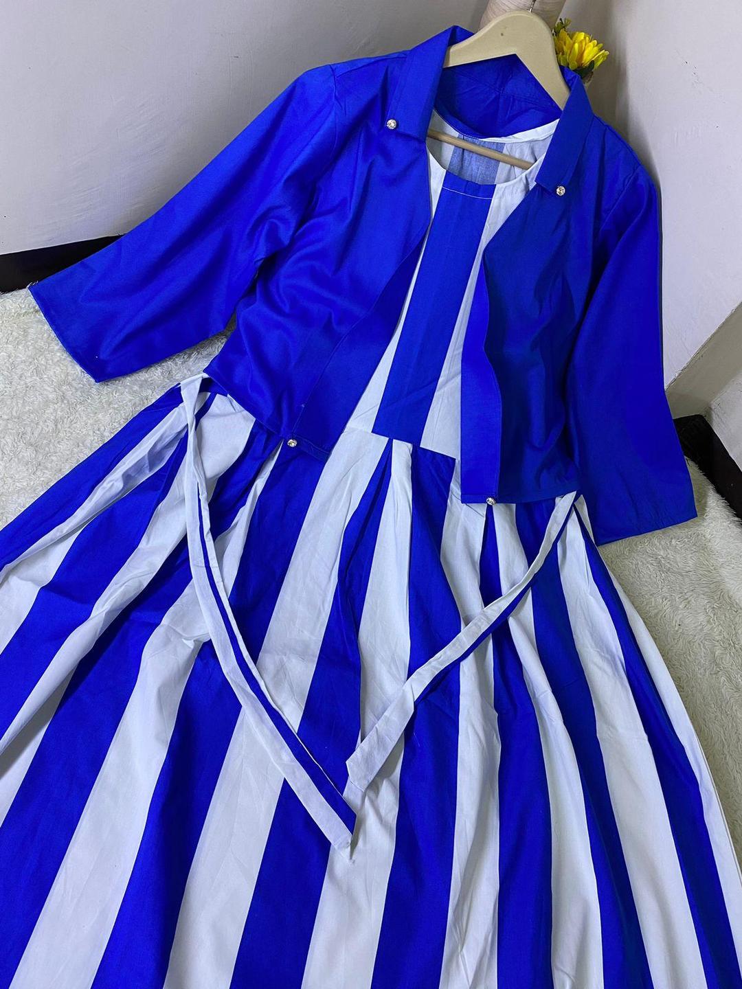 Stylish Blue and White Striped Maxi Suit with Jacket 2 Pcs Women's Stitched Set