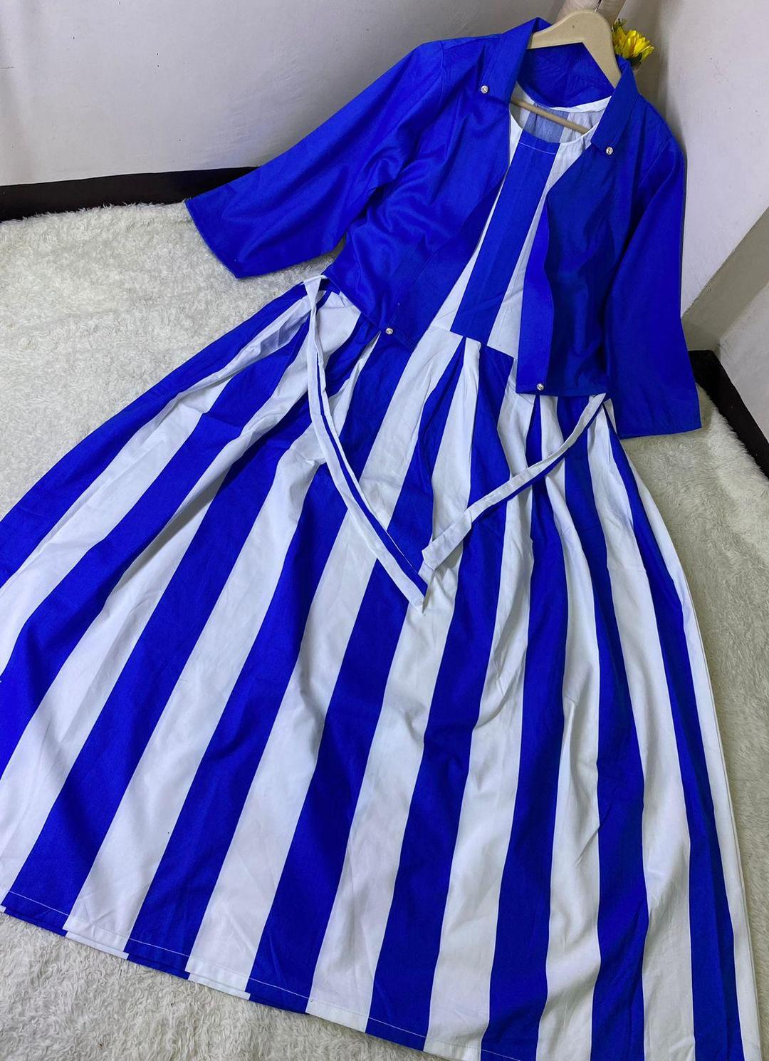 Stylish Blue and White Striped Maxi Suit with Jacket 2 Pcs Women's Stitched Set